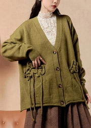 New Matcha Green V Neck Button Pockets Knit Cardigans Winter