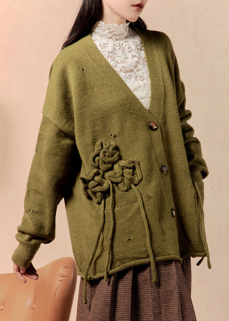 New Matcha Green V Neck Button Pockets Knit Cardigans Winter