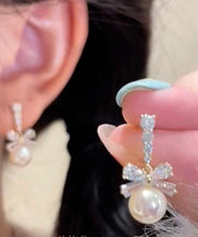 New Mulberry Alloy Zircon Bow Pearl Drop Earrings