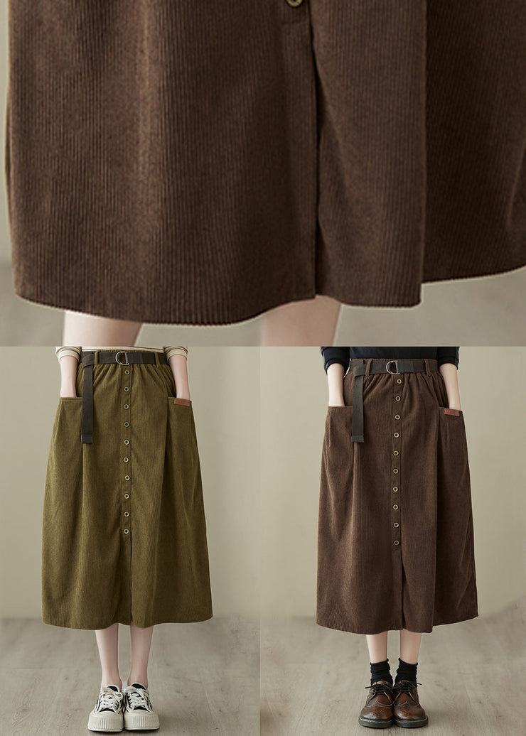 New Mustard Green Pockets Elastic Waist Corduroy Skirts Spring