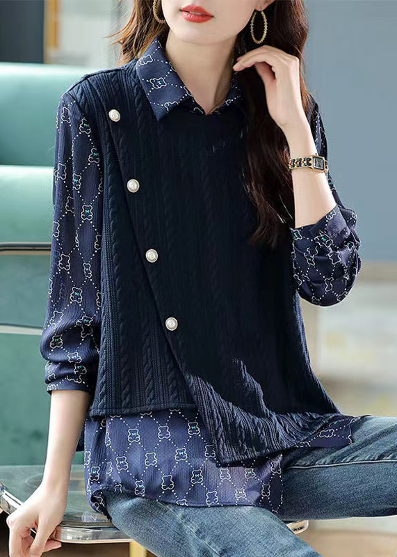 New Navy Asymmetrical Print False Two Pieces Cotton Blouses Spring