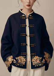 New Navy Chinese Button Print Cotton Coat Spring