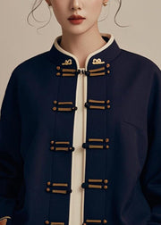 New Navy Chinese Button Print Cotton Coat Fall