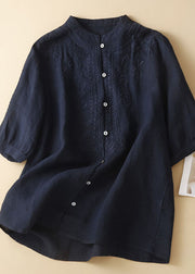 New Navy Embroideried Button Patchwork Linen Shirt Top Summer