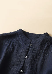 New Navy Embroideried Button Patchwork Linen Shirt Top Summer