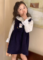 New Navy Embroideried Lace Patchwork Corduroy Girls Two Pieces Set Fall