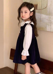 New Navy Embroidered Lace Patchwork Corduroy Girls Two Pieces Set Fall