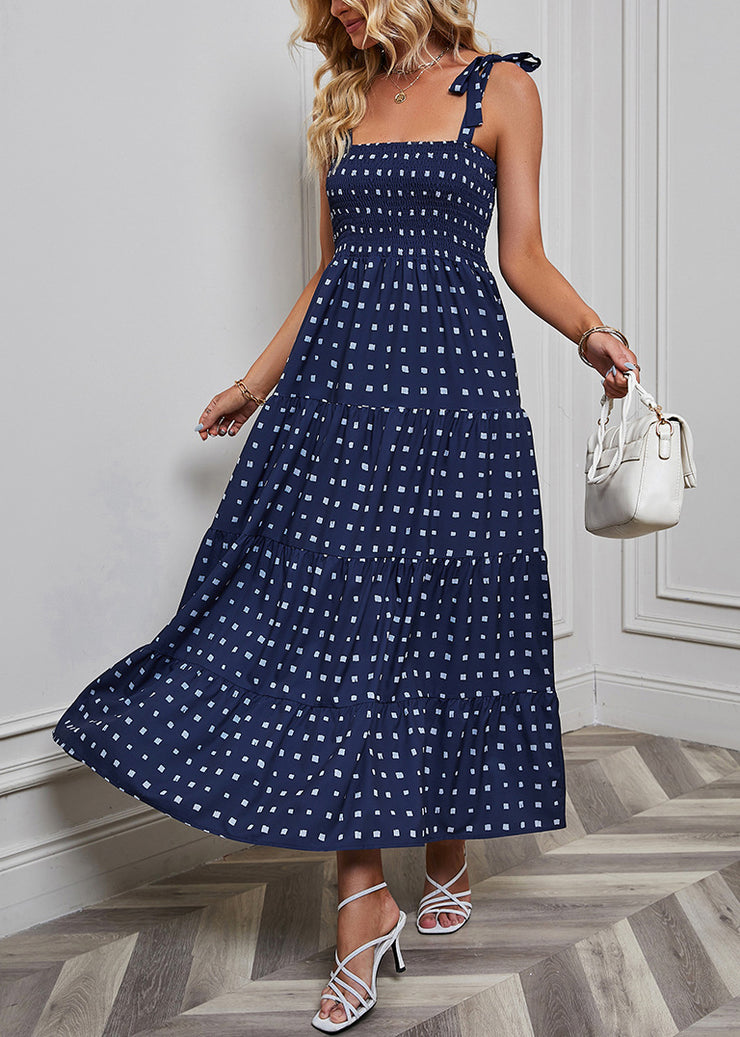 New Navy Lace Up Dot Cotton Spaghetti Strap Dress Sleeveless