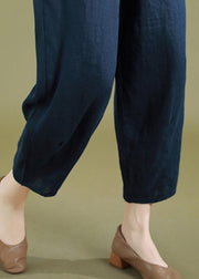 New Navy Lace Up Pockets Elastic Waist Linen Crop Pants