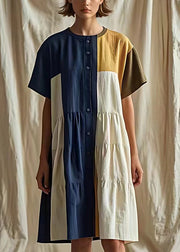 New Navy O Neck Button Patchwork Linen Shirts Dress Summer
