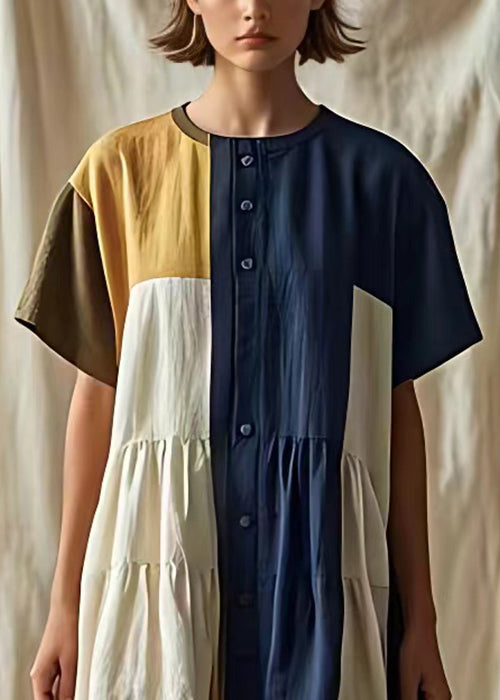 New Navy O Neck Button Patchwork Linen Shirts Dress Summer