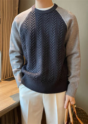 New Navy O Neck Patchwork Cable Knit Men Sweaters Spring