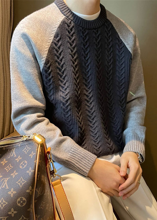 New Navy O Neck Patchwork Cable Knit Men Sweaters Spring