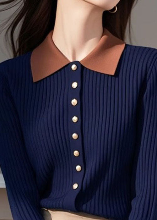 New Navy Peter Pan Collar Button Patchwork Knit Sweaters Spring