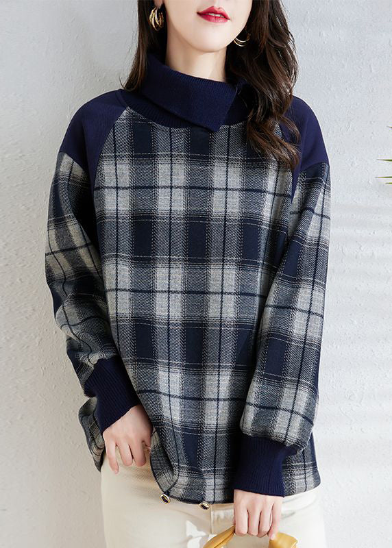 New Navy Plaid Turtleneck Patchwork Warm Fleece Tops Winter