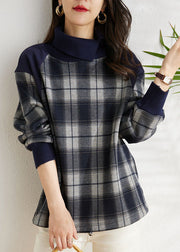 New Navy Plaid Turtleneck Patchwork Warm Fleece Tops Winter