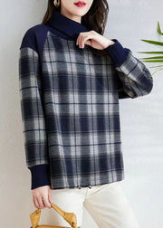 New Navy Plaid Turtleneck Patchwork Warm Fleece Tops Winter