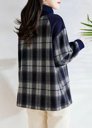 New Navy Plaid Turtleneck Patchwork Warm Fleece Tops Winter