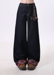 New Navy Pockets Patchwork Denim Wide Leg Pants Spring