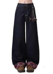 New Navy Pockets Patchwork Denim Wide Leg Pants Spring