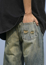 New Navy Pockets Ripped Denim Mens Pants Fall