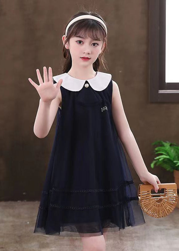 New Navy Ruffled Patchwork Tulle Kids Mid Dresses Summer