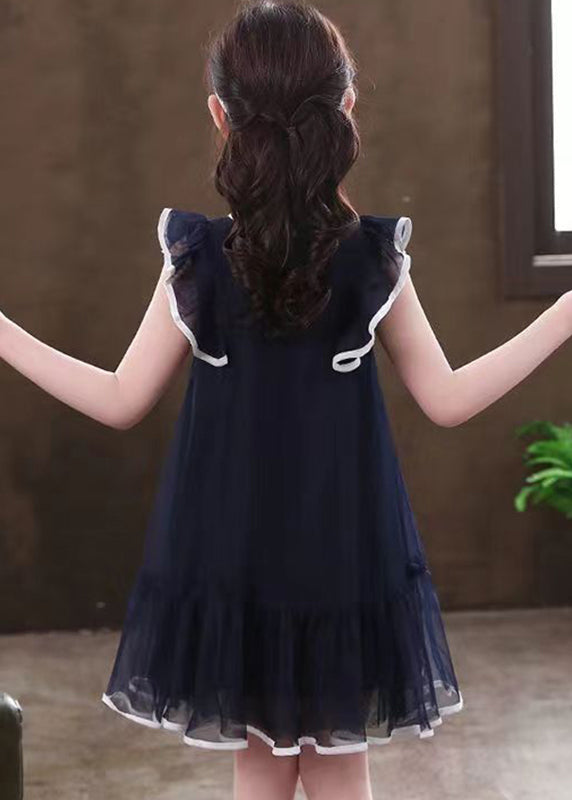 New Navy Ruffled Patchwork Tulle Kids Mid Dresses Summer