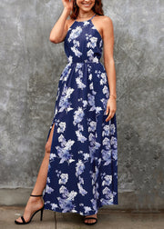 New Navy Side Open Print Cotton Maxi Dresses Summer