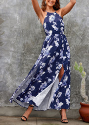 New Navy Side Open Print Cotton Maxi Dresses Summer