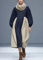 New Navy Turtleneck Patchwork Cotton Long Dresses Fall