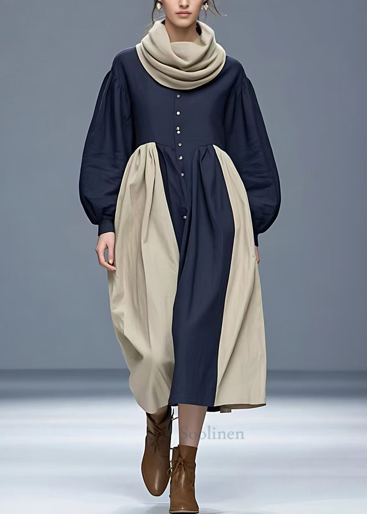 New Navy Turtleneck Patchwork Cotton Long Dresses Fall