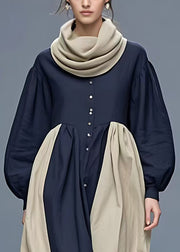 New Navy Turtleneck Patchwork Cotton Long Dresses Fall