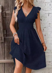 New Navy V Neck Hollow Out Cotton Dress Butterfly Sleeve