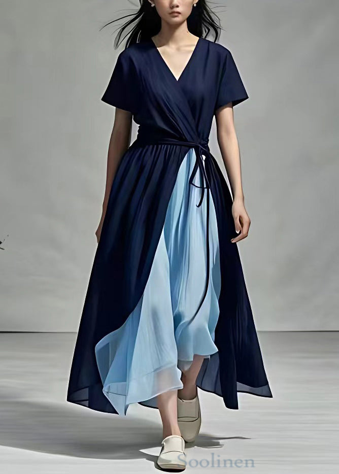 New Navy V Neck Patchwork Cotton Long Dress Summer