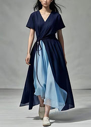 New Navy V Neck Patchwork Cotton Long Dress Summer