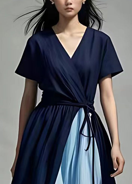 New Navy V Neck Patchwork Cotton Long Dress Summer