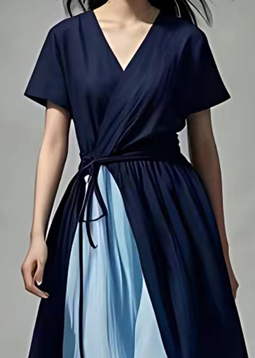 New Navy V Neck Patchwork Cotton Long Dress Summer