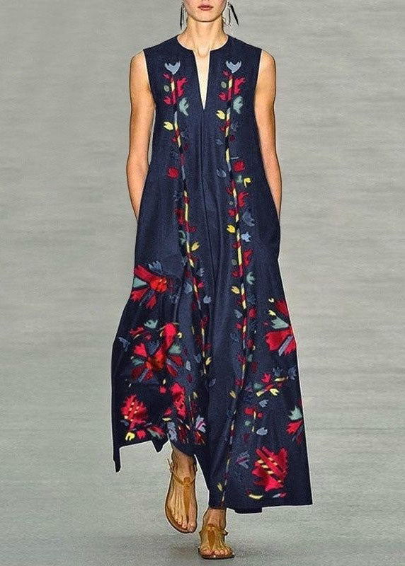 New Navy V Neck Print Chiffon Long Dress Sleeveless