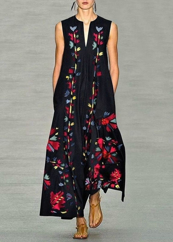 New Navy V Neck Print Chiffon Long Dress Sleeveless