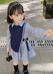 New Navy Waistcoat And Striped Dresses Cotton Girls Two Pieces Set Fall