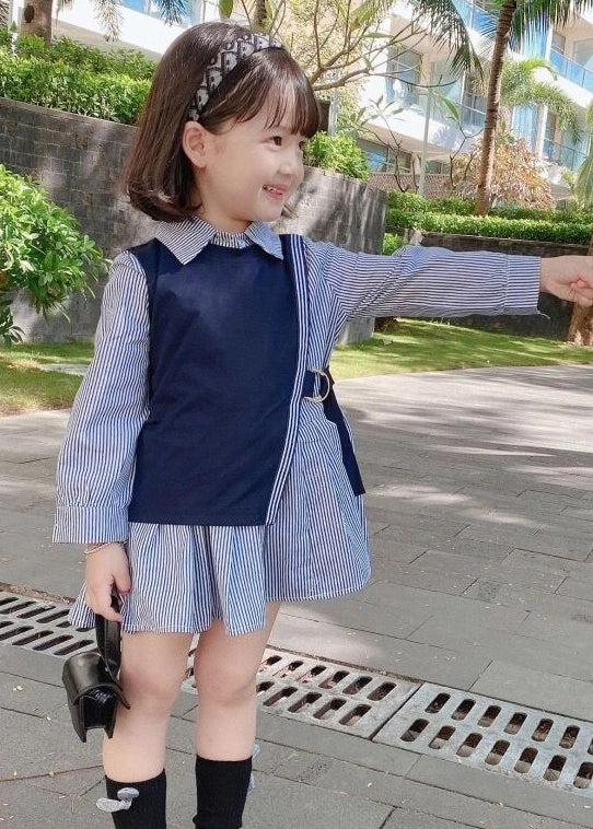 New Navy Waistcoat And Striped Dresses Cotton Girls Two Pieces Set Fall