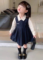 New Navy Wrinkled False Two Pieces Cotton Girls Dresses Fall
