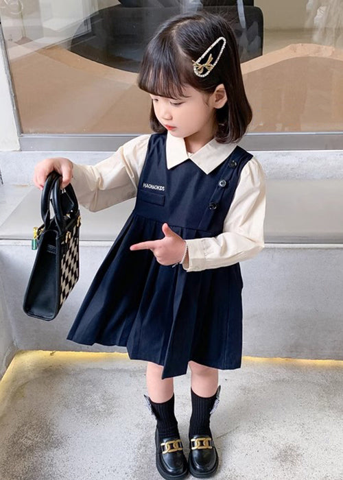 New Navy Wrinkled False Two Pieces Cotton Girls Dresses Fall