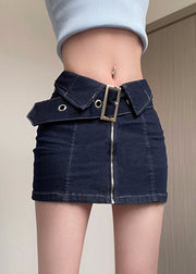 New Navy Zip Up Sashes Patchwork Denim Skirts Summer