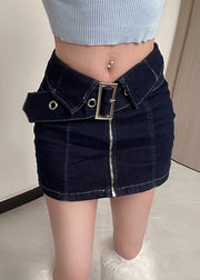 New Navy Zip Up Sashes Patchwork Denim Skirts Summer