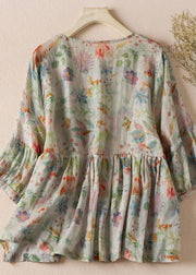 New O-Neck Print Wrinkled Patchwork Cotton Shirt Top Half Sleeve