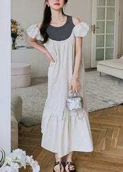 New Off The Shoulder Puff Sleeve Wrinkled Patchwork Cotton Dress