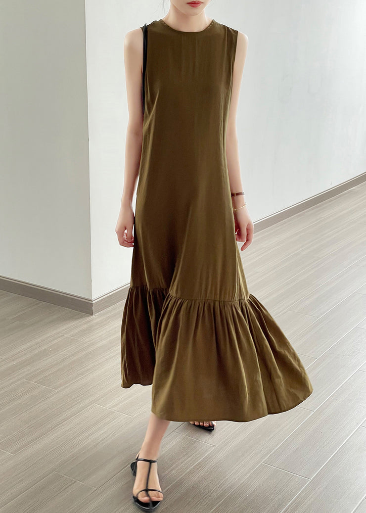 New Olive Green Button Hollow Out Cotton Dress Summer