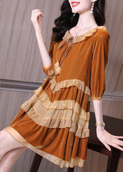 New Orange Lace Up Ruffled Velour Mid Dresses Spring