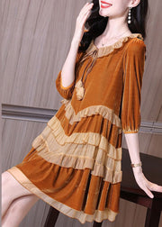 New Orange Lace Up Ruffled Velour Mid Dresses Spring